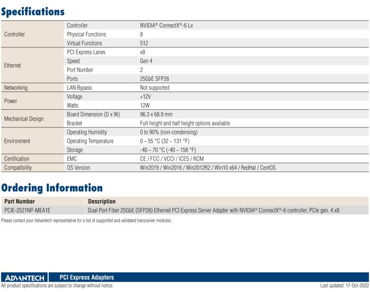 研華PCIE-2521 Dual Port Fiber 25GbE Ethernet PCI Express Server Adapter with NVIDIA? ConnectX?-6