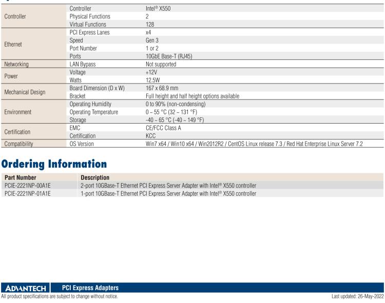 研華PCIE-2221NP Dual Port Copper 10GbE Ethernet PCI Express Server Adapter with Intel? X550-AT2