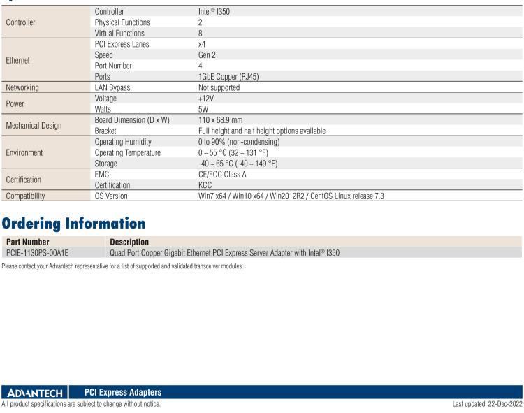 研華PCIE-1130 Quad Port Copper Gigabit Ethernet PCI Express Server Adapter with Intel? I350 (Advantech Form Factor)