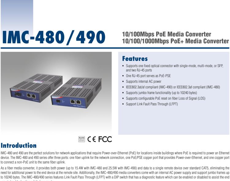 研華IMC-490-SM Standalone PoE+ Media Converter, 100Mbps, Single mode 1310nm, 10km, SC