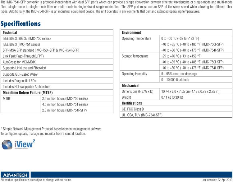 研華IMC-750-SSET Managed Modular Media Converter, 100Mbps, Single-Strand 1310xmt, 40km, SC (also known as iMcV 856-15733)