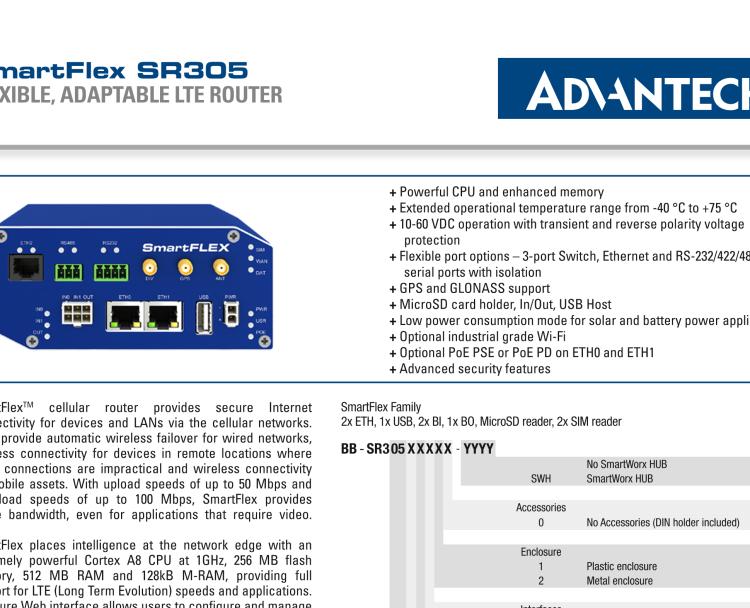 研華BB-SR30519410 SmartFlex, NAM, 3x Ethernet, 1x RS232, 1x RS485, Wi-Fi, PoE PD, Plastic, Without Accessories