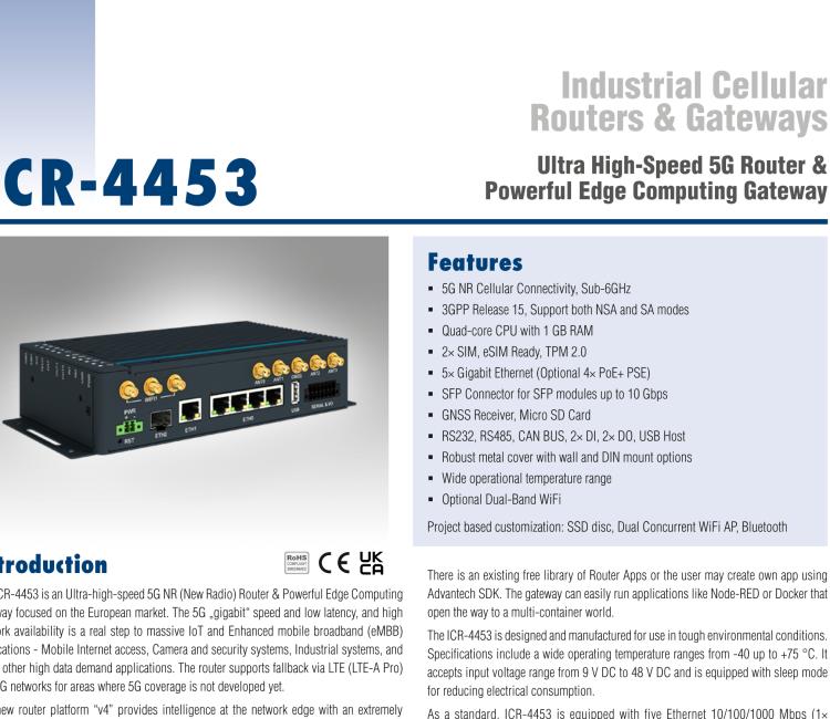 研華ICR-4453WS ICR-4400, EUROPE, NAM, 5x Ethernet, 1x RS232, 1x RS485, CAN, PoE PSE+, Wi-Fi, SFP, USB, SD, Without Accessories