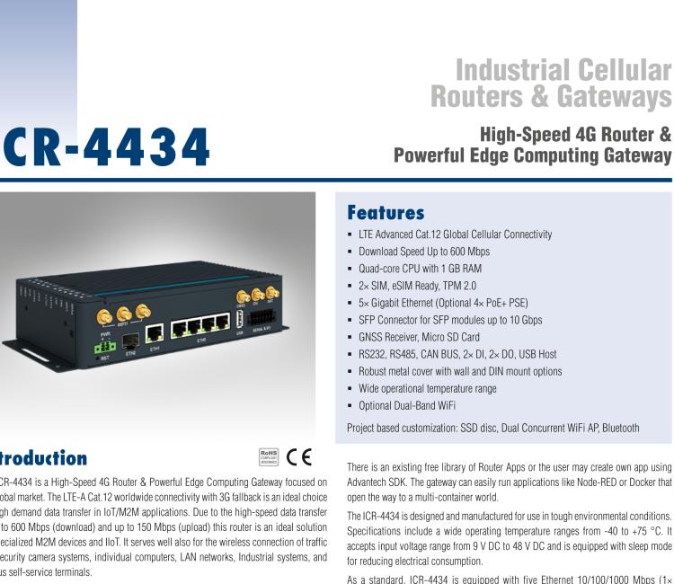 研華ICR-4434W ICR-4400, GLOBAL, 5x Ethernet, 1x RS232, 1x RS485, CAN, Wi-Fi, SFP, USB, SD, Without Accessories