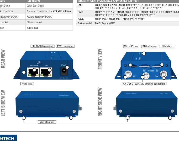 研華ICR-1601W ICR-1600, EMEA/LATAM/APAC, 2x Ethernet, Wi-Fi, Metal, Without Accessories