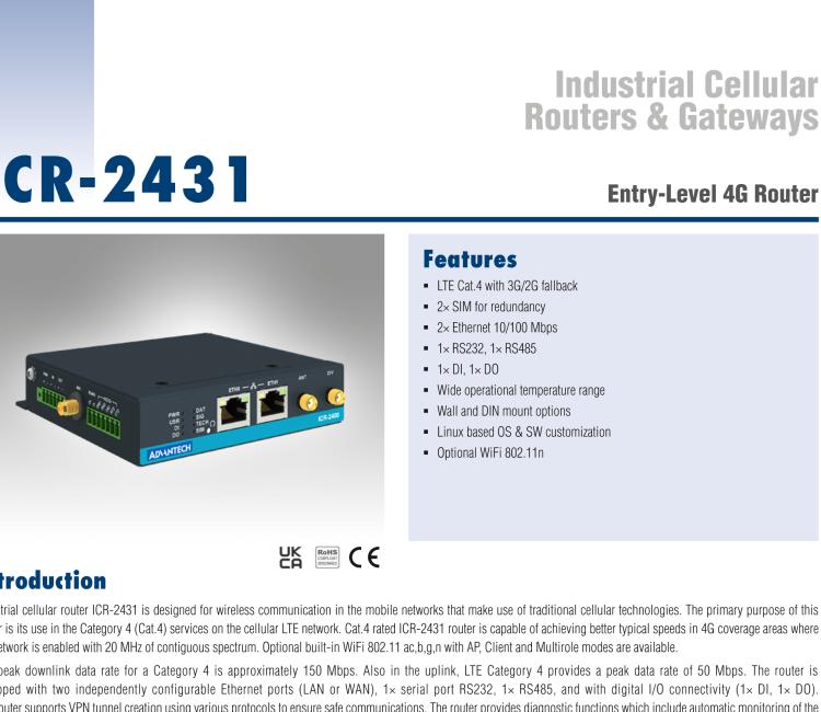 研華ICR-2431 ICR-2400, EMEA, 2x Ethernet , 1x RS232, 1x RS485, Metal, Without Accessories