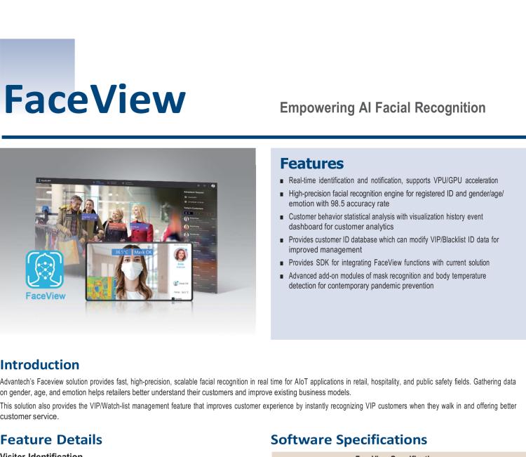 研華FaceView 研華 DeviceOn.FaceView是基于研華 IoT 設(shè)備的人臉識(shí)別軟件，支持性別、年齡、情感的數(shù)據(jù)收集，支持VPU/GPU加速。FaceView軟件在最新版本中正確識(shí)別率提升到了99.7%，可以支持遮擋檢測，也就是是否正確佩戴口罩，再搭配專業(yè)測溫?cái)z像頭情況下，可以實(shí)現(xiàn)測量體溫。