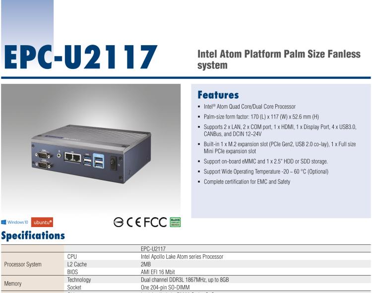 研華EPC-U2117 Intel Atom第六代Apollo Lake無風扇嵌入式工控機，板載eMMC，CANBUS