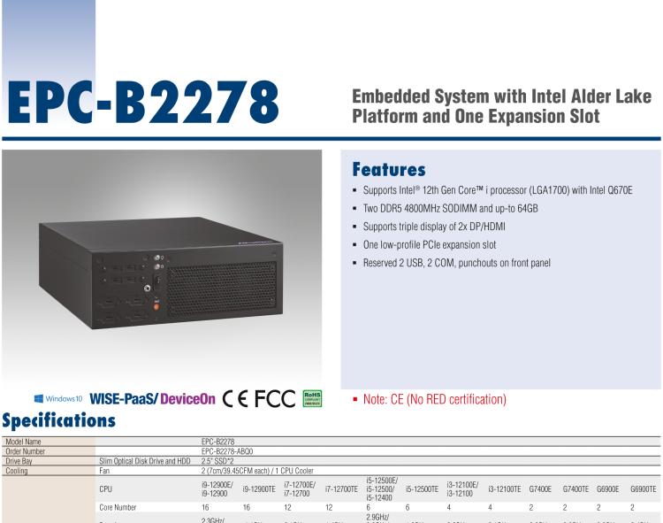 研華EPC-B2278 適配Intel 第12代 Core i 系列處理器，搭載Q670E芯片組。2U高度，精簡(jiǎn)尺寸，性能強(qiáng)勁，是小尺寸高性能場(chǎng)景的理想解決方案。