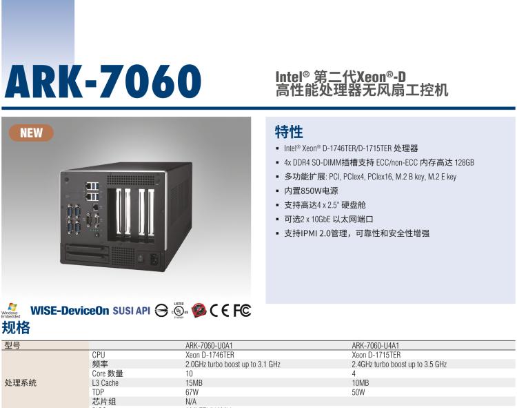 研華ARK-7060 搭載Intel二代Xeon D-1700高性能處理器系統(tǒng)，具有3個擴展插槽