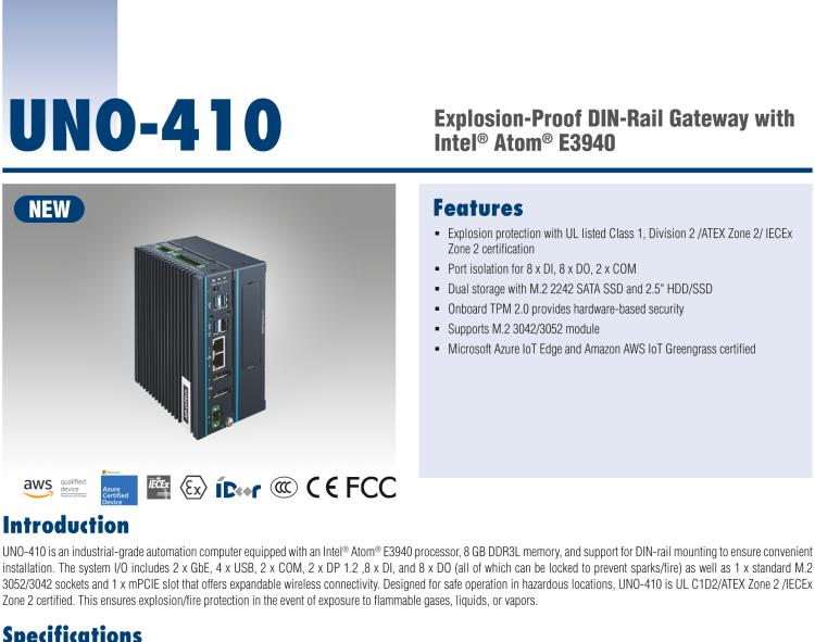 研華UNO-410 Explosion-Proof DIN-Rail Gateway with Intel? Atom? E3940