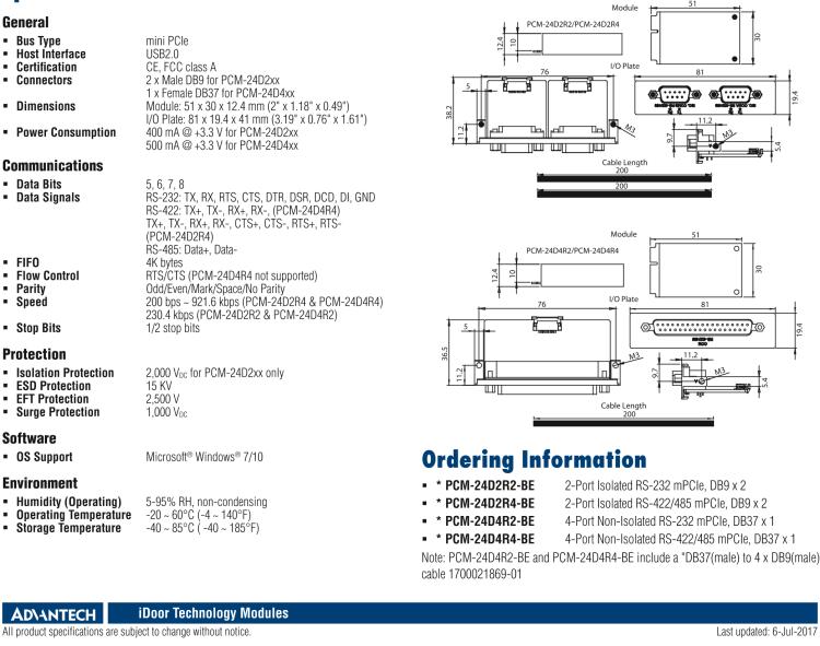 研華PCM-24D4R2 4端口RS-232 mPCIe, DB37