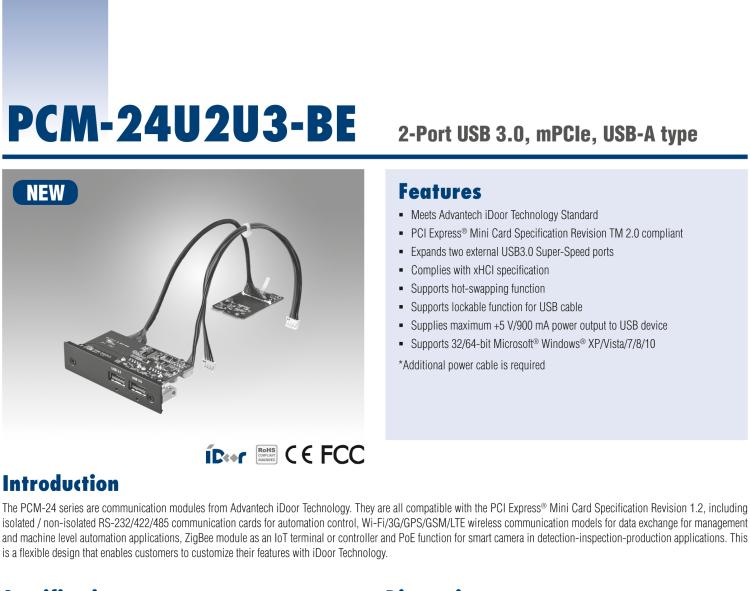 研華PCM-24U2U3 2端口USB 3.0，mPCIe，USB-A型