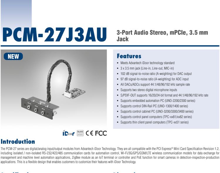 研華PCM-27J3AU 3端口立體聲音頻，mPCIe，3.5毫米插孔