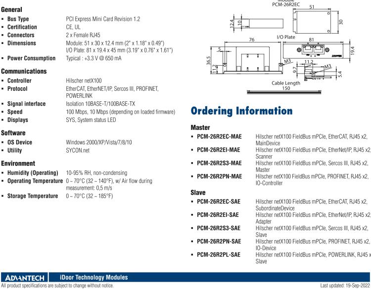 研華PCM-26R2EI 2端口 Hilscher netX100 現(xiàn)場總線 mPCIe, EtherNet/IP, RJ45