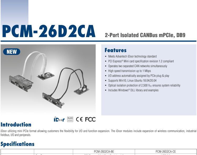 研華PCM-26D2CA 2端口隔離CANBus mPCIe, CANOpen, DB9