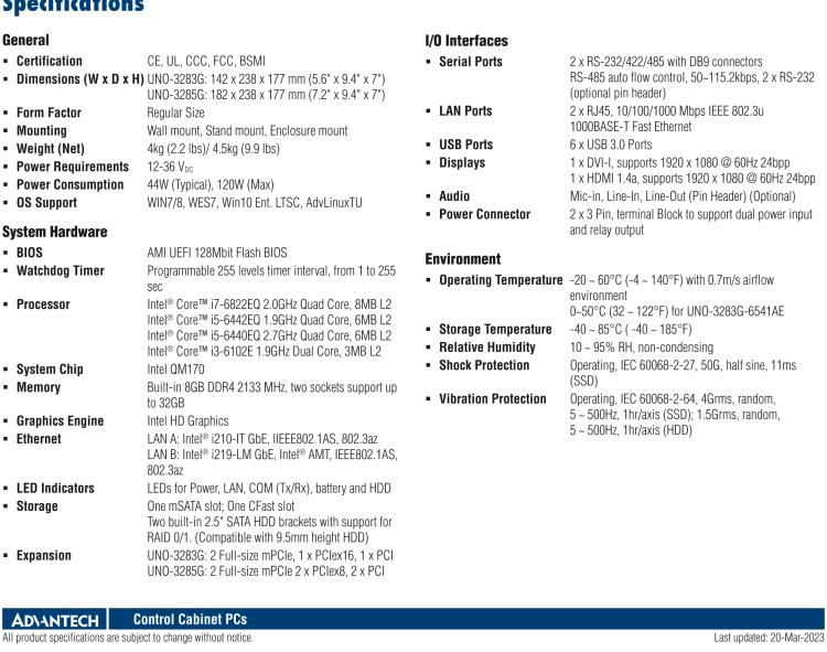 研華UNO-3283G 高效能嵌入式無(wú)風(fēng)扇工業(yè)電腦，搭配Intel? Core? i 處理器，2×GbE, 2×mPCIe, HDMI, DVI-I