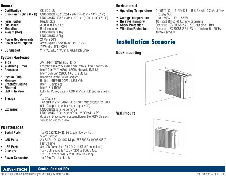 研華UNO-3382G Intel? Core? i7/Celeron控制柜PC，2 x GbE, 2 x mPCIe, HDMI/DP