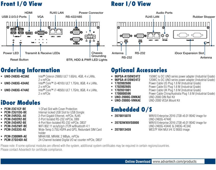 研華UNO-2483G 標準型嵌入式無風扇工業(yè)電腦，搭配Intel? Core? i7/i3/Celeron處理器，4×GbE, 3×mPCIe, HDMI/VGA