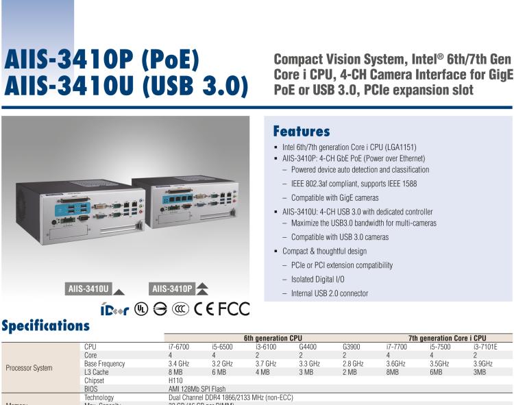 研華AIIS-3410 Compact Vision System, Supports Intel? 6th generation Core i CPU, 4-CH Camera Interface for GigE PoE or USB 3.0