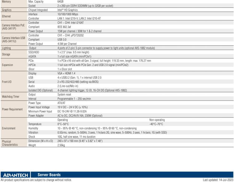 研華AIIS-3411 緊湊型視覺系統(tǒng)，支持Intel? 第10代 Core i CPU, 4路攝像頭支持 GigE PoE或 USB 3.0接口, PCIe擴展槽, 支持4路光源和隔離DIO