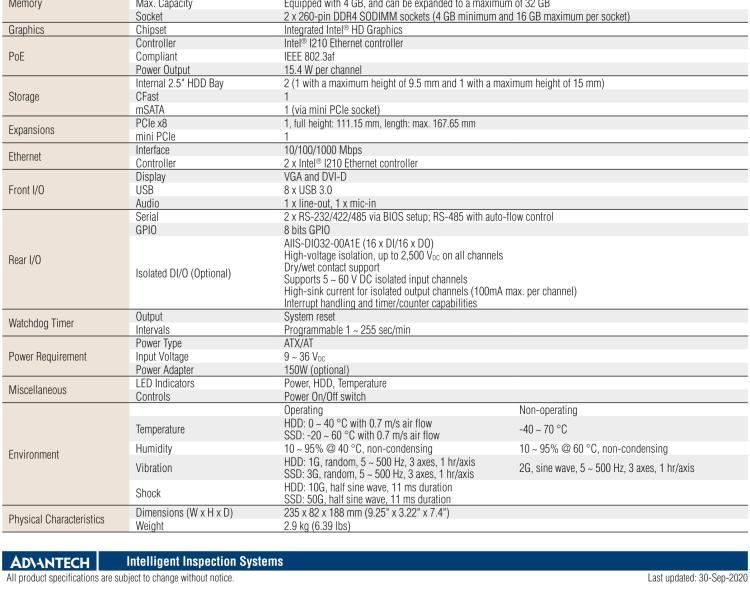 研華AIIS-5410P 無風(fēng)扇視覺系統(tǒng)，Intel Core? i 處理器，4通道 GigE PoE 相機界面和 PCIe 插槽