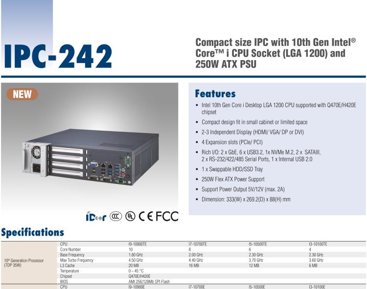 研華IPC-242 搭載第十代Intel? Core? i CPU 插槽(LGA 1200) 和250W ATX PSU緊湊型工控機(jī)