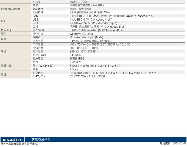 研華ITA-8100 滿足鐵路En50155認證標準，10.4寸可觸屏式平板電腦，支持英特爾?凌動x7-E3950處理器