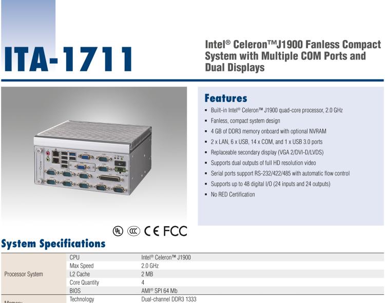 研華ITA-1711 英特爾?賽揚?J1900緊湊型系統(tǒng)雙千兆以太網(wǎng)LAN和雙顯示器