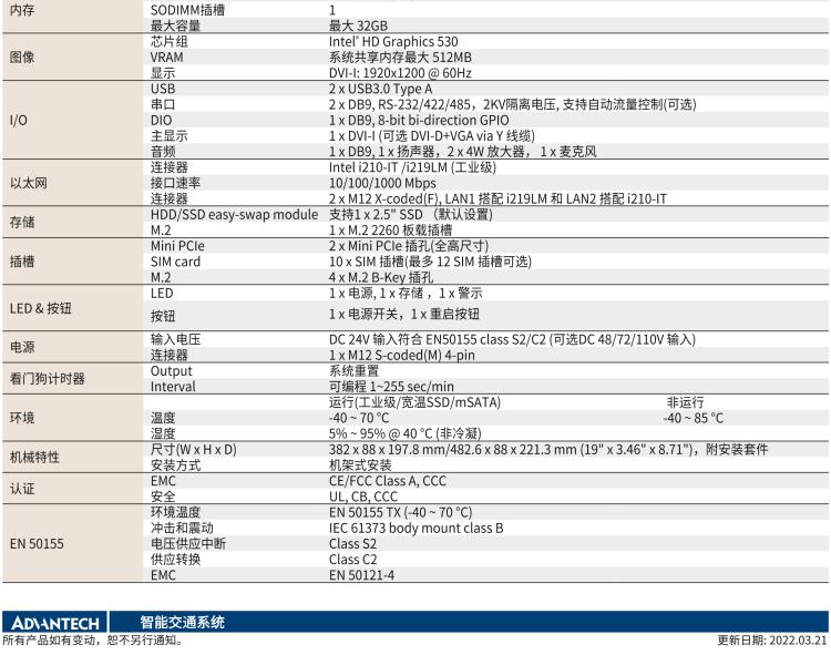 研華ITA-5231W 英特爾?第六代酷睿?i處理器無風扇系統(tǒng)；符合EN 50155的鐵路應用