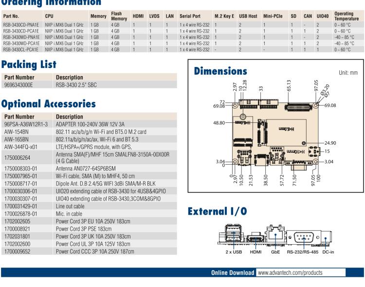 研華RSB-3430 基于NXP Arm Cortex-A9 i.MX6平臺,精簡功能的2.5寸緊湊型單板電腦。搭配UIO20/40可快速擴(kuò)展各種外設(shè)接口