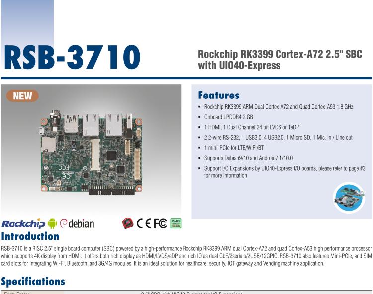 研華RSB-3710 Rockchip RK3399 Cortex-A72 2.5" 單板電腦，帶 UIO40-Express擴(kuò)展