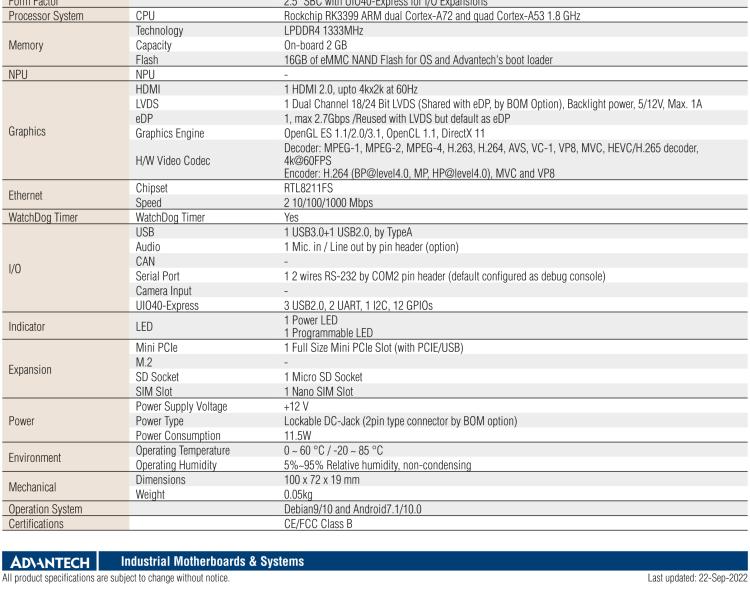 研華RSB-3710 Rockchip RK3399 Cortex-A72 2.5" 單板電腦，帶 UIO40-Express擴(kuò)展