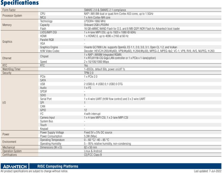 研華ROM-5720 基于NXP i.MX8M SMARC2.0 Arm核心板 ,支持4K顯示，豐富的I/O接口