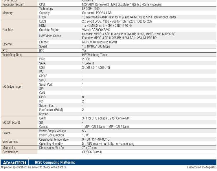 研華ROM-7720 基于NXP i.MX 8QM Qseven Arm核心模塊，多核異構(gòu)，具備優(yōu)異的計(jì)算及圖形顯示性能