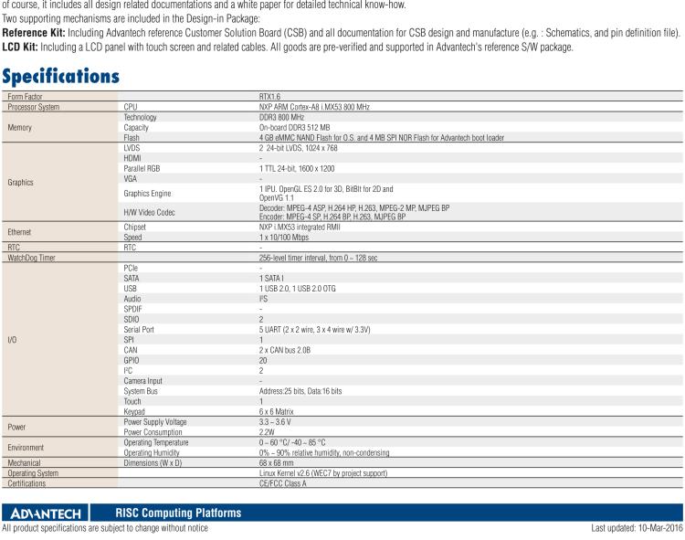 研華ROM-1210 基于NXP ARM Cortex?-A8 i.MX53 1GHz高性能處理器的RTX核心模塊，低功耗