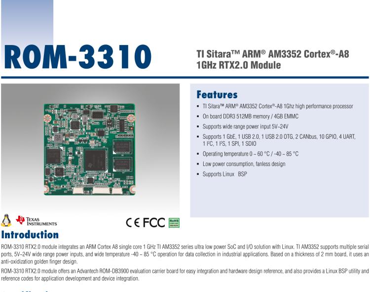 研華ROM-3310 基于TI AM3352 Cortex A8 1GHz RTX 2.0 的標(biāo)準(zhǔn)核心板，適用于寬溫抗震等工業(yè)自動(dòng)化領(lǐng)域