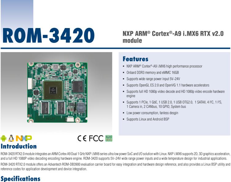 研華ROM-3420 基于NXP ARM Cortex-A9 i.MX6 RTX2.0 核心板