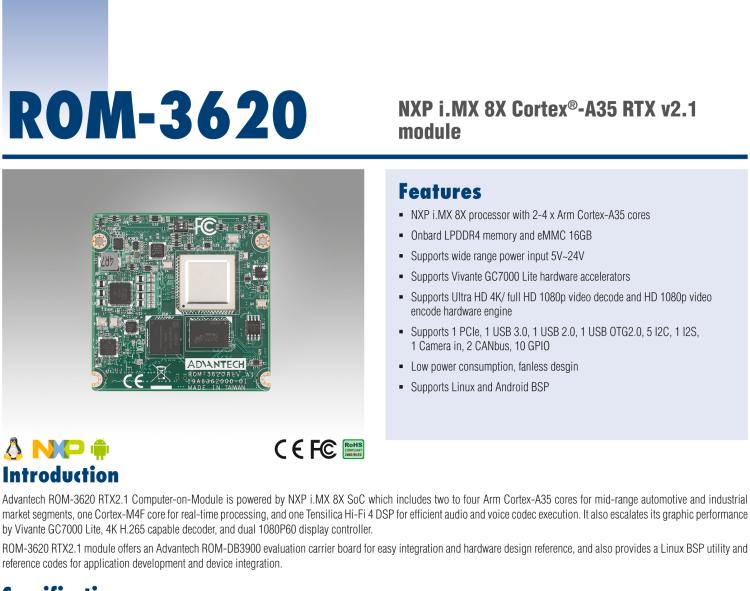 研華ROM-3620 NXP i.MX 8X Cortex?-A35 RTX v2.1 核心模塊