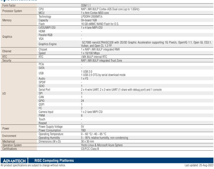 研華ROM-2620 NXP i.MX 8ULP Cortex?-A35 OSM 1.1 Computer-on-Module