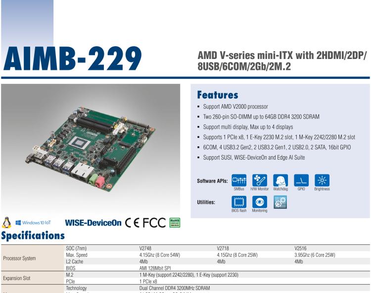 研華AIMB-229 板載AMD V2000系列8核/16線程CPU。視頻圖像處理性能強(qiáng)勁，接口豐富，超薄緊湊設(shè)計(jì)。