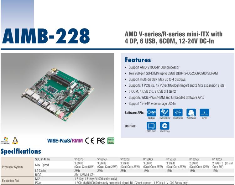 研華AIMB-228 板載AMD V系列/R系列處理器。超薄設(shè)計(jì)，支持寬壓，廣泛應(yīng)用在圖像處理、醫(yī)療影像等行業(yè)上。