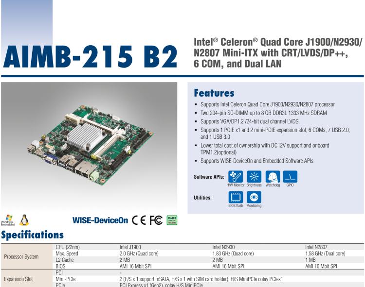 研華AIMB-215 板載Intel? 第4代 賽揚(yáng)處理器。豐富的擴(kuò)展，無(wú)風(fēng)扇設(shè)計(jì)，支持寬溫寬壓。