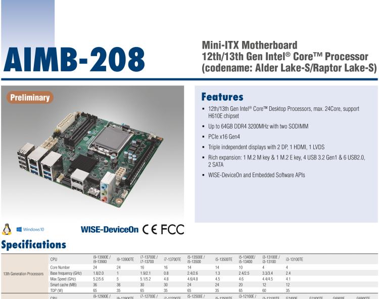 研華AIMB-208 適配Intel 第12/13代 Core i/奔騰系列處理器，搭載H110芯片組。高性價(jià)比，擁有豐富的擴(kuò)展接口，通用性強(qiáng)，穩(wěn)定可靠。