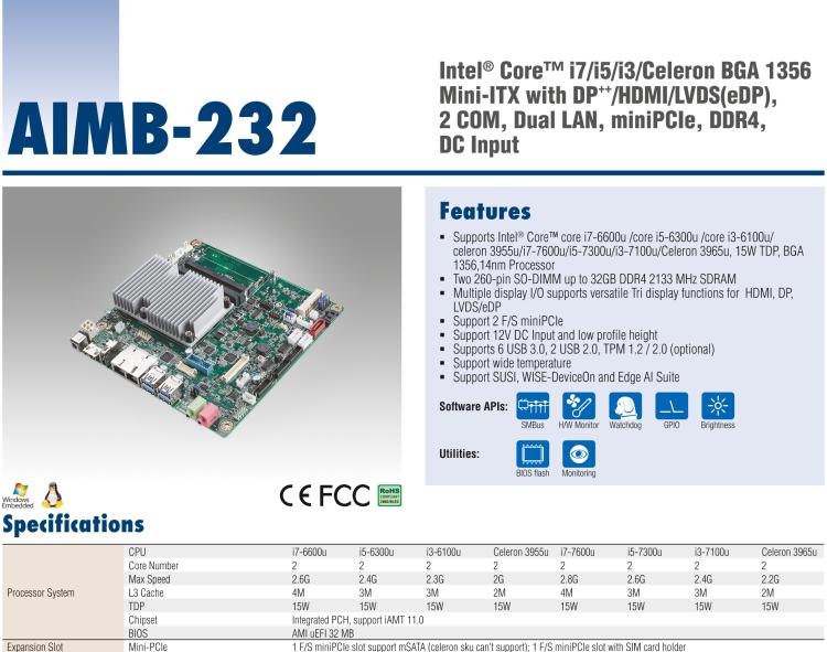 研華AIMB-232 板載Intel? 第6/7代 Core? i/賽揚 處理器。超薄設計，無風扇設計，支持寬溫。