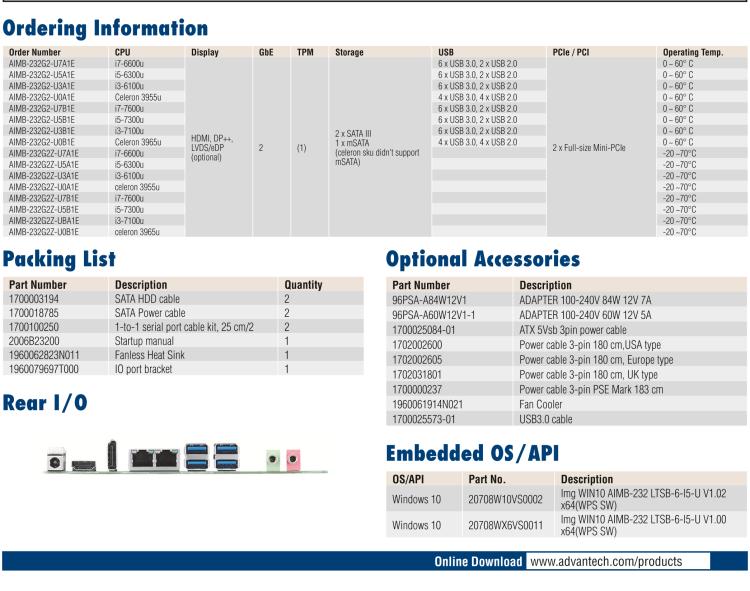 研華AIMB-232 板載Intel? 第6/7代 Core? i/賽揚 處理器。超薄設計，無風扇設計，支持寬溫。