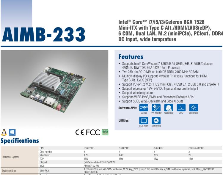 研華AIMB-233 板載Intel? 第8代 Core i 處理器。擁有Type C接口，滿足各類擴(kuò)展需求。低功耗，超薄緊湊，無風(fēng)扇設(shè)計(jì)，支持寬溫寬壓，性能強(qiáng)勁。