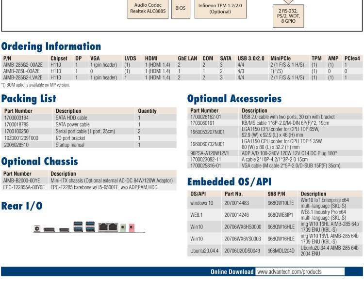 研華AIMB-285 適配Intel? 第6/7代 Core? i 處理器，搭載H110芯片組。超薄緊湊，是理想的高性?xún)r(jià)比解決方案。