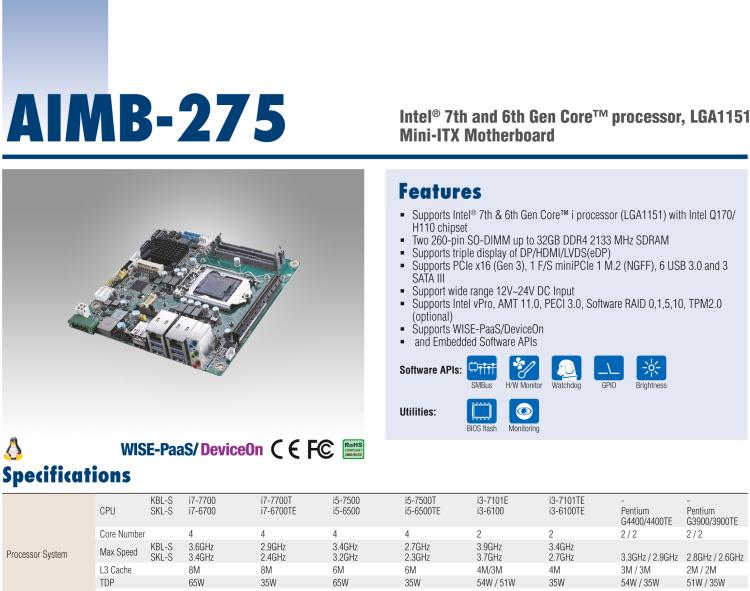 研華AIMB-275 適配Intel? 第6/7代 Core? i 處理器，搭載Intel Q170/H110芯片組。性能強(qiáng)勁，接口豐富。