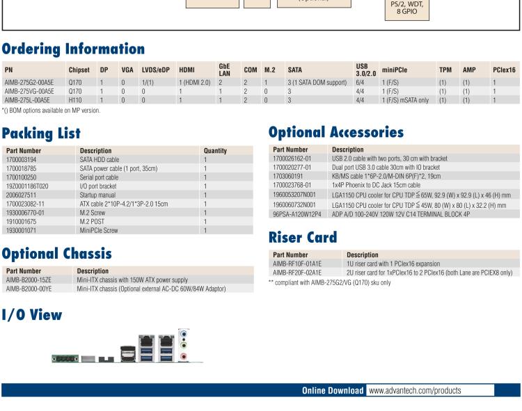 研華AIMB-275 適配Intel? 第6/7代 Core? i 處理器，搭載Intel Q170/H110芯片組。性能強(qiáng)勁，接口豐富。